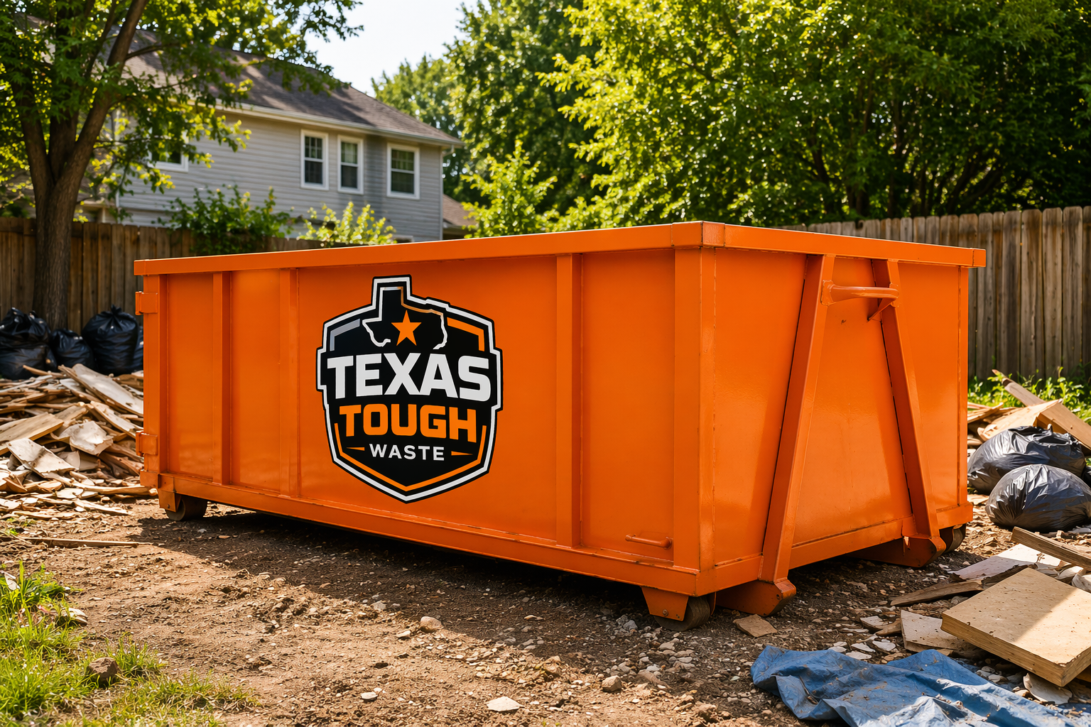 Orange Texas Tough Waste dumpster in residential cleanup setting