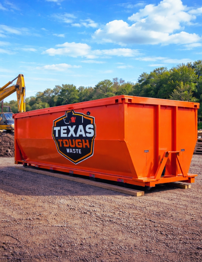 Texas Tough Waste orange dumpster rental in Aledo, TX for construction debris, roofing tear-offs, and cleanup projects