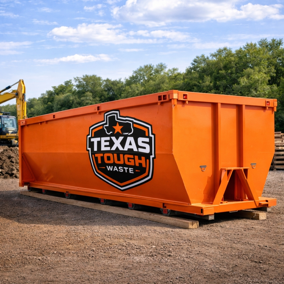 Texas Tough Waste orange dumpster rental in Aledo, TX for construction debris, remodel cleanup, and roofing waste